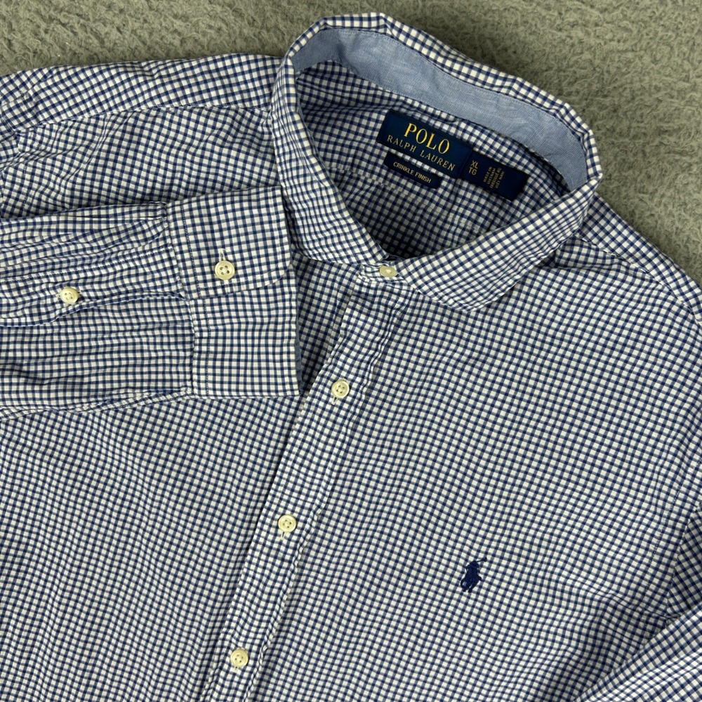 Polo Ralph Lauren Shirt Mens XL Blue Gingham Check Crinkle Finish Button Up Pony